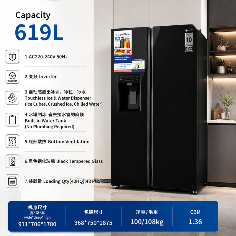 Cross-Border Export Black Side-By-Side Refrigerator with Water Dispenser, Household Fridge That Can Make Ice, Air-Cooled, Frost-Free, Inverter Cross-Border Export Black Side-By-Side Refrigerator with Water Dispenser, Household Fridge That Can Make Ice, Air-Cooled, Frost-Free, Inverter