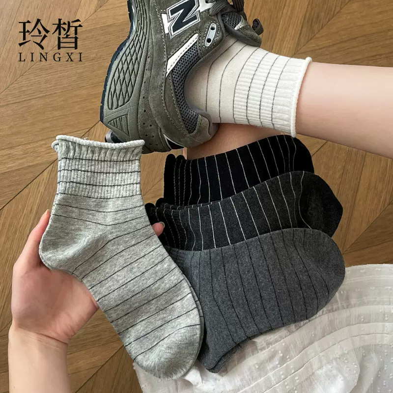袜子女秋季新款细条纹复古韩系棉质卷边中筒堆堆袜女潮袜诸暨袜业