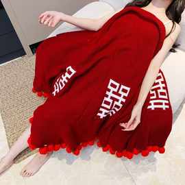 网红田园风喜字玫瑰花束毯子新婚礼物闺蜜毛毯现货成品厂家直销