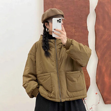 2025冬季新款 时尚纯色拼接贴布口袋棉衣 宽松连帽开衫外套上衣女