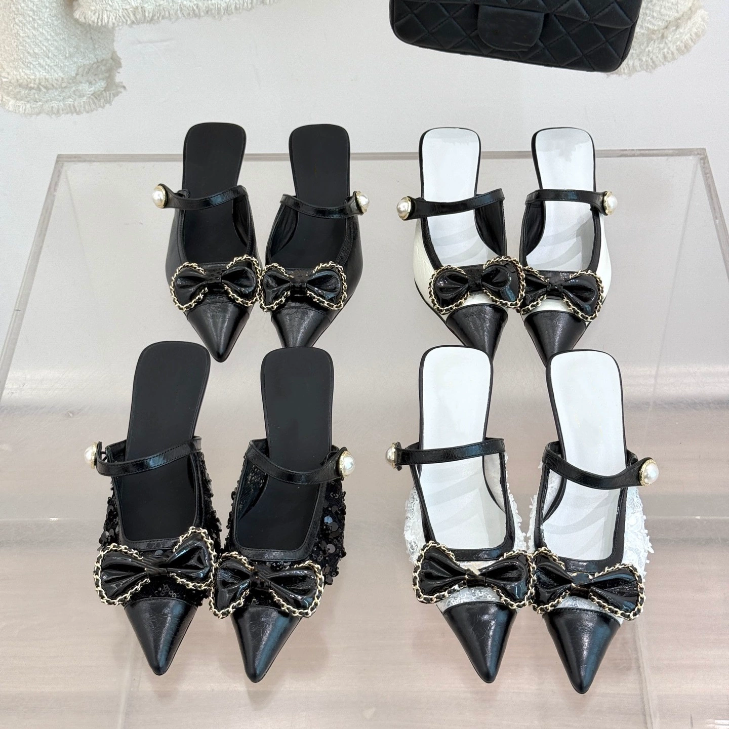 2025 новый маленький ароматный ветер бант на высоких каблуках цепи пряжки жемчужные каблуки обувь на каблуках женский