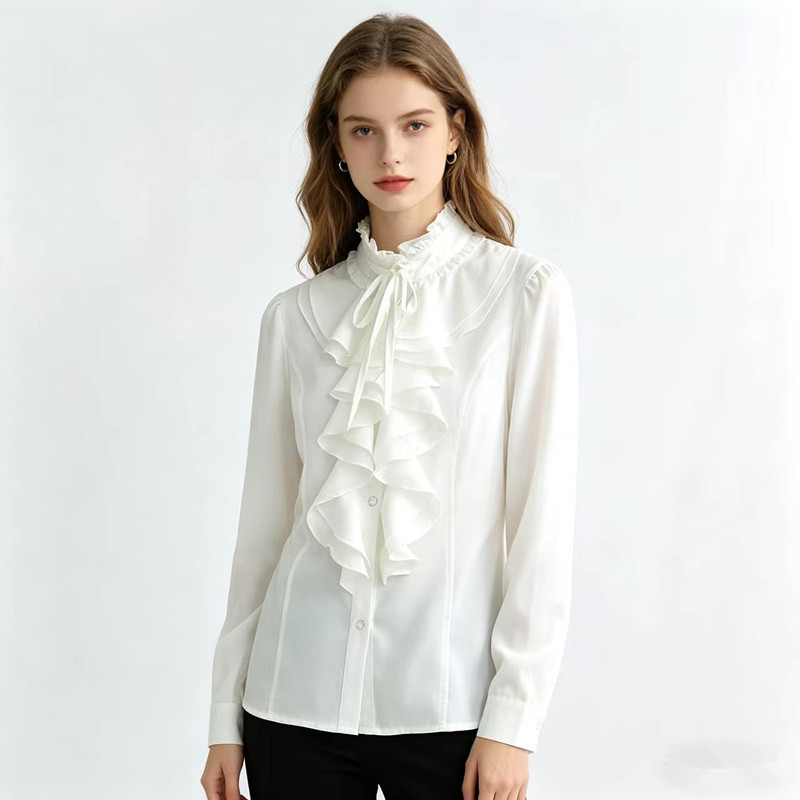 2026 Spring/Summer Student Women's Long-Sleeve Chiffon Shirt, Plus Size White Shirt with Stand Collar and Lace Trim, Women's Palace-Style Blouse 2026 Spring/Summer Student Women's Long-Sleeve Chiffon Shirt, Plus Size White Shirt with Stand Collar and Lace Trim, Women's Palace-Style Blouse