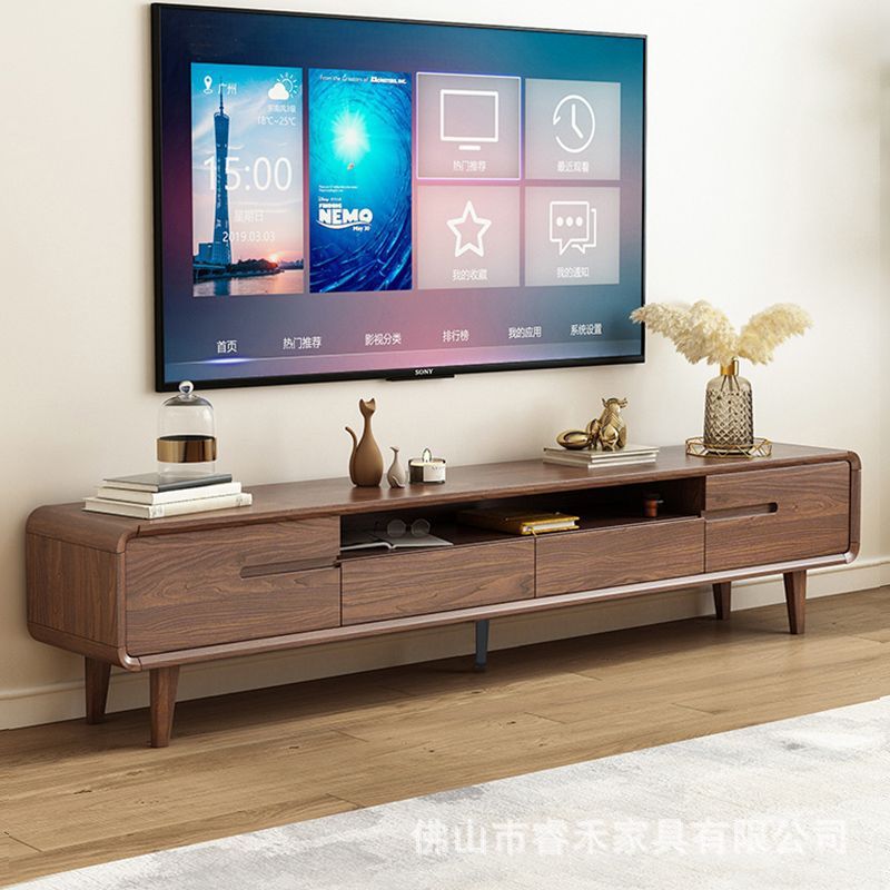 All-Solid Wood Tv Cabinet and Floor-Standing Coffee Table Set for Small Apartments, Walnut Color, Modern Minimalist, Second-Generation Upgraded Solid Wood