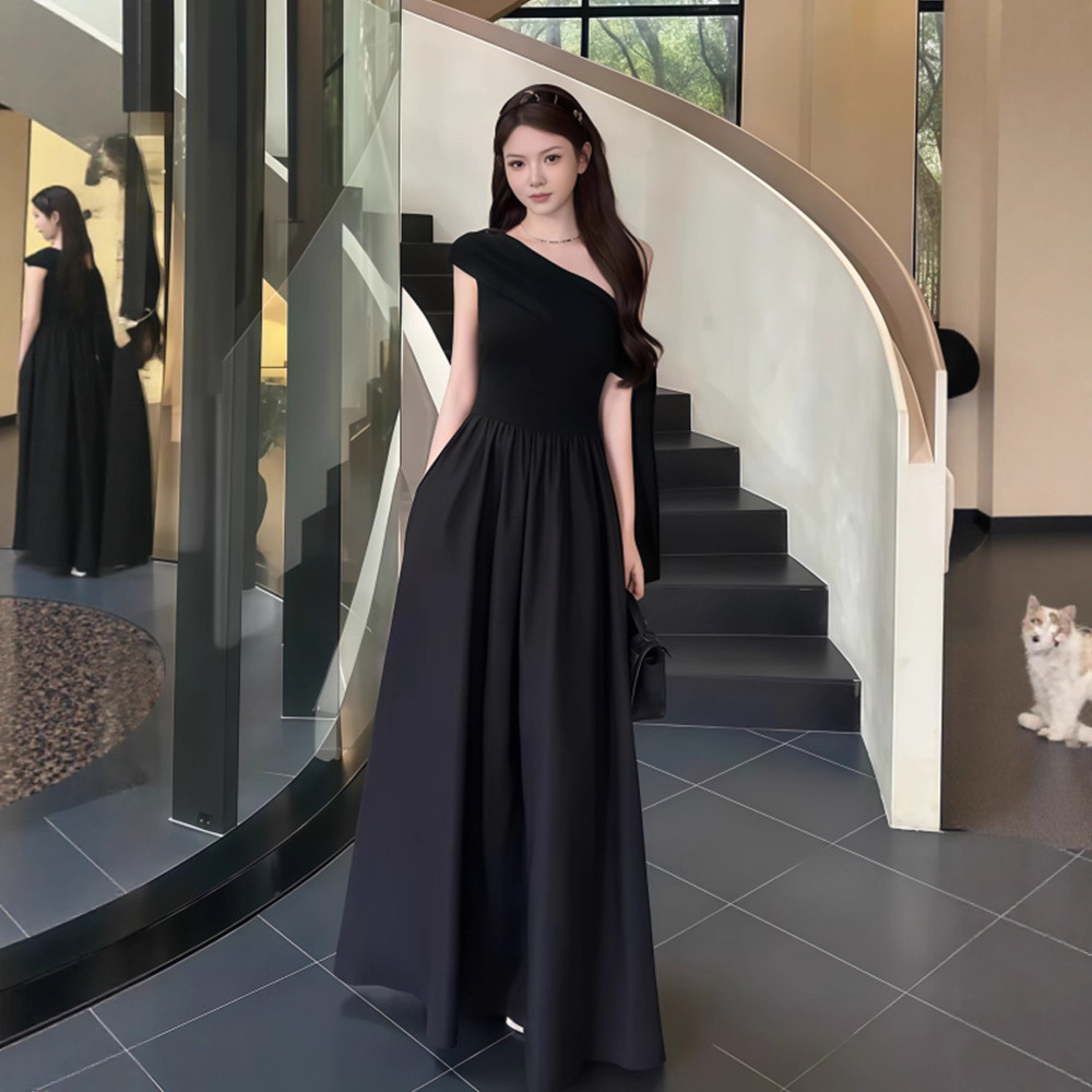 Black Long Dress, One-Shoulder Dress, Hepburn Style High-End Evening Dress, Coming-Of-Age Ceremony, Beautiful Summer Dress