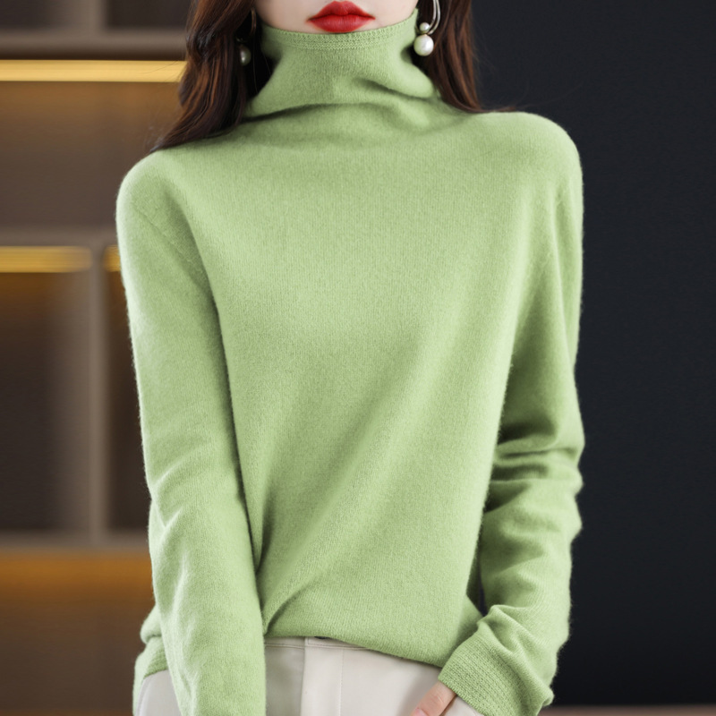Turtleneck Wool Knit Sweater for Women, Autumn and Winter Style, Rolled Edge Pullover Base Sweater Top