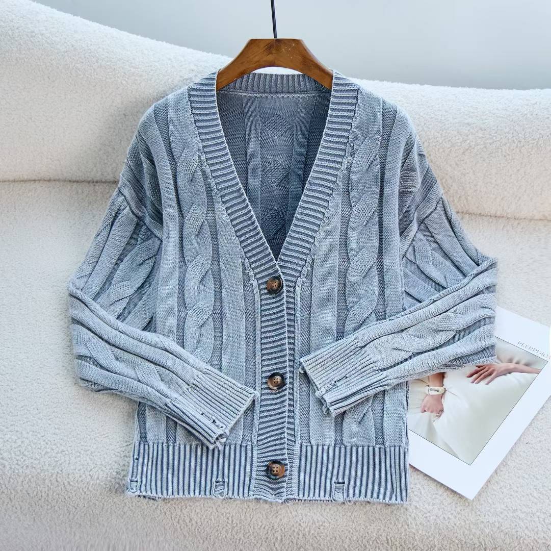 Coreano retro cuello redondo torcido de camisa de punto de mujer otoño y invierno nuevo estilo para hacer viejos agujeros suéter suelto chaqueta de mujer image 9