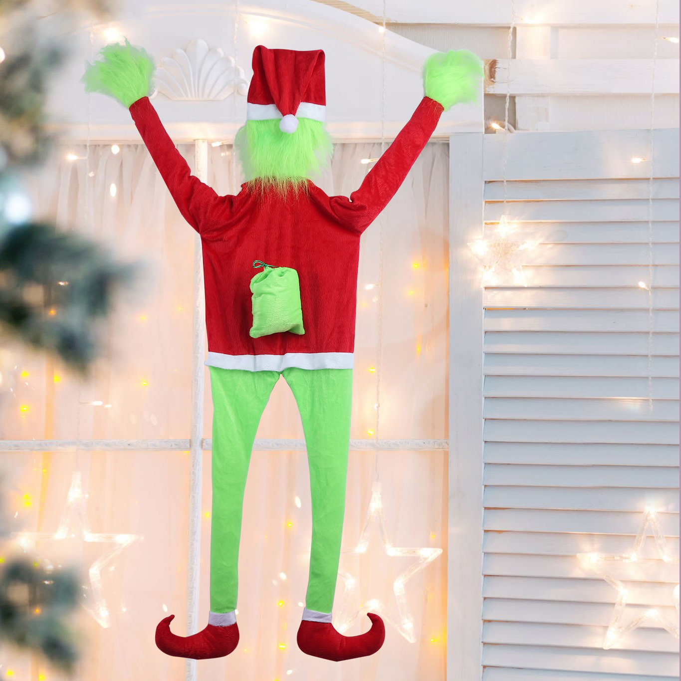 Decoración Navideña de Terciopelo con Diseño de Grinch Trepador de Pared, Disfraz de Grinch Verde Peludo, Adornos Navideños