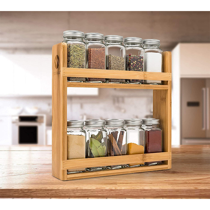 The kitchen seasoning tank stands, bamboo storage shelf double -layer grain bottle, bottle, tank storage and finishing wooden shelf