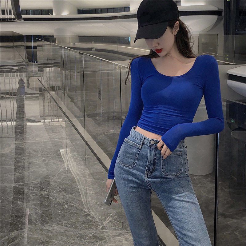 Primavera y otoño nuevo cuello de pollo con cuello en V doble delantero y trasero cuello bajo hombrera corta SLIM-Fit Camiseta de manga larga camisa de fondo de las mujeres rojo