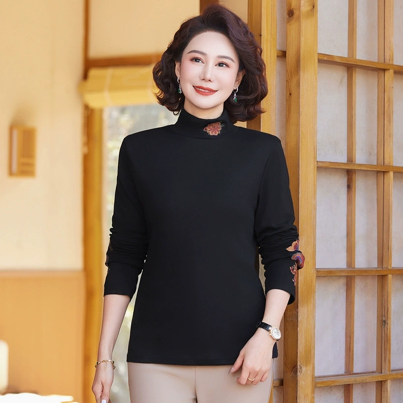 Весенний топ женский весенний костюм 2025 новый большой размер мама свободный с длинными рукавами футболка среднего и пожилого возраста женская рубашка