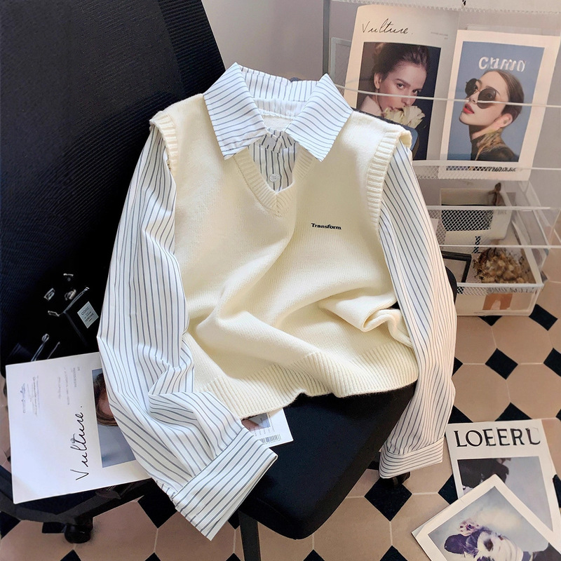2025 Autumn New Striped Fake Two-Piece Patchwork Shirt for Women Korean Style Polo Shirt Layered with Knitted Vest Top