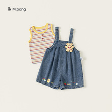 邦选童装夏季衣服彩色条纹背心牛仔背带裤女童两件套短裤儿童套装