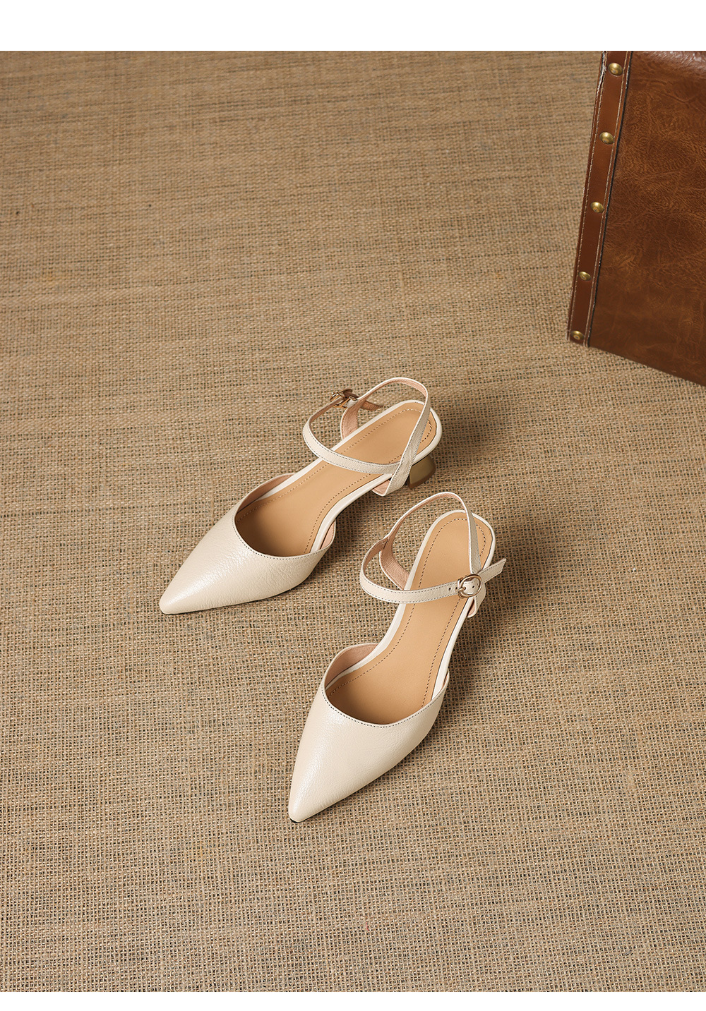 Sandal cao gót nữ mũi nhọn quai ngang da cừu bọc mũi — màu trắng ngà chi tiết 15