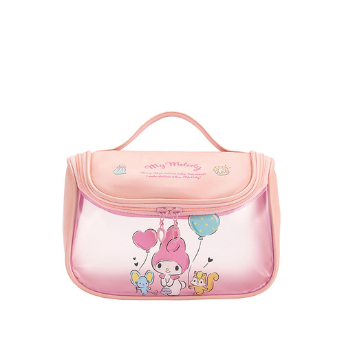Sanrio Cartoon Makeup Bag for Women, Large-Capacity, Portable Travel Accessory with Dual Zippers and Stylish PU Leather Design
