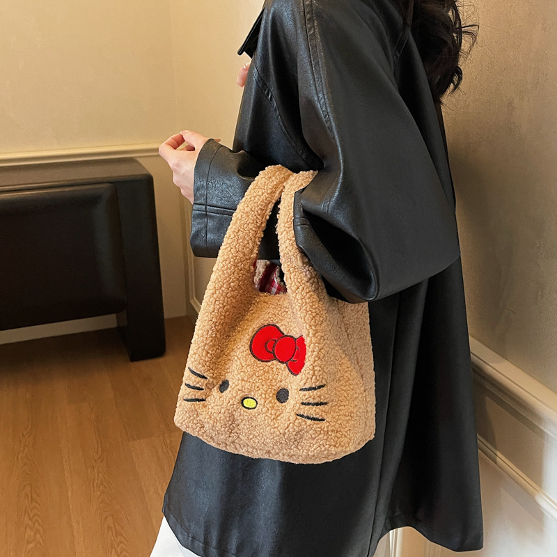 Autumn and Winter Kitty Cat Lamb Wool Wrist Bag Plaid Handbag Commuting Small Tote Bag Hello Kitty Bag Autumn and Winter Kitty Cat Lamb Wool Wrist Bag Plaid Handbag Commuting Small Tote Bag Hello Kitty Bag