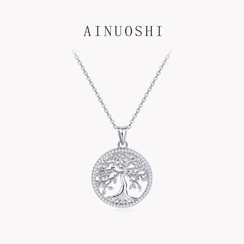 AINUOSHI 欧美创意生命之树莫桑石项链女个性圆形925纯银莫桑吊坠|ms