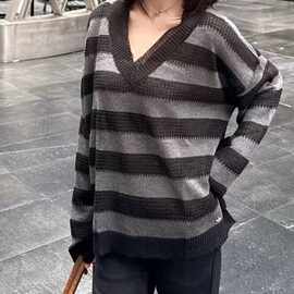 美式复古条纹v领毛衣慵懒风罩衫女秋长袖针织衫慵懒宽松休闲上衣