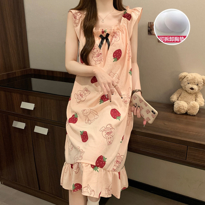 Camisón de las mujeres vestido de mitad de longitud verano dulce Correa linda princesa estilo estudiante con almohadilla en el pecho pijamas vestido entrega en vivo