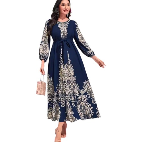 Hot Selling Fashion Digital Print Long Sleeve Long Dress Middle Eastern Dress