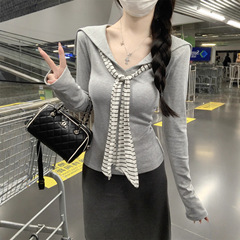 2025秋季新款韩版撞色条纹海军领飘带减龄设计长袖恤上衣女