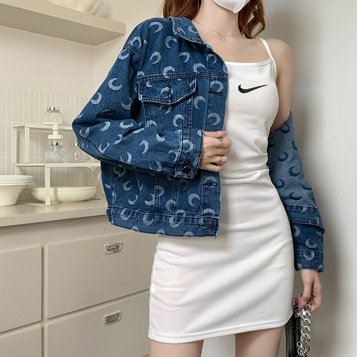 Early autumn new short denim jacket for women Korean style loose fashion print moon versatile slim jacket top for women