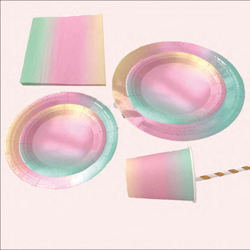 Party tableware disposable paper cup children's birthday party decoration dessert plate rainbow plate dinner plate suit wholesale