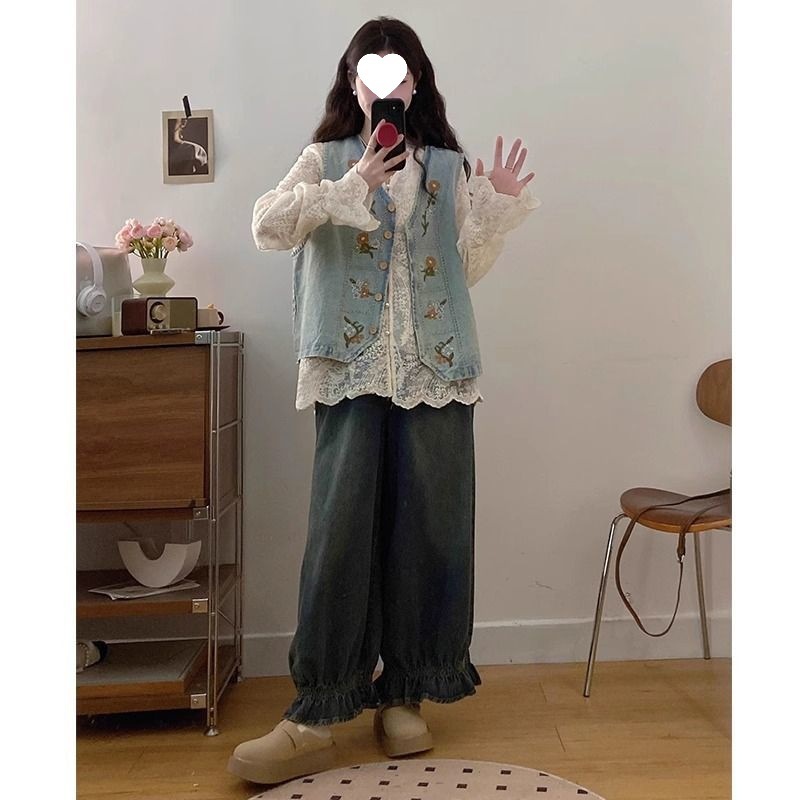2025春季新款韩系复古别致阔腿牛仔裤百搭蕾丝衬衫气质马甲套装女|undefined