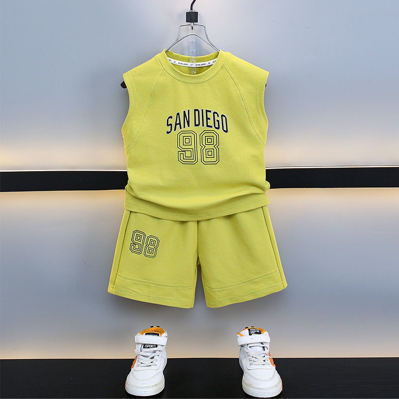 7116 Traje sin mangas para niños Ropa delgada para bebés 2025 verano nuevo estilo chaleco para niños pantalones cortos de dos piezas de moda