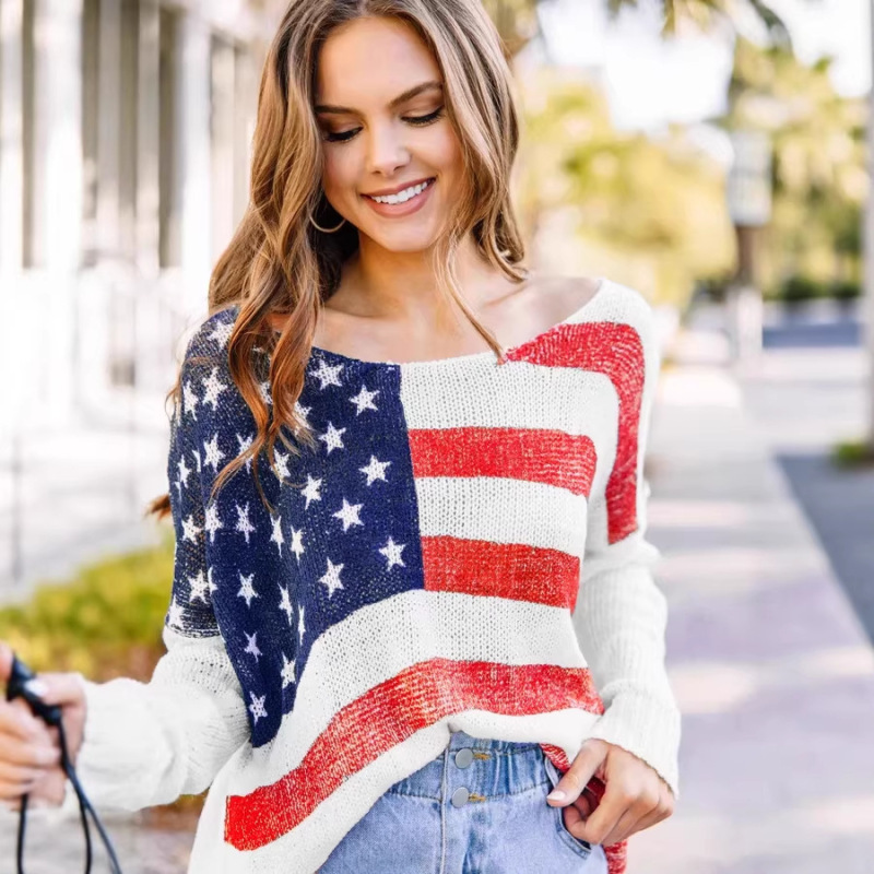 American Casual Style American Flag Knitwear, Loose and Relaxed Fit, Festive Atmosphere Long-Sleeved Sweater