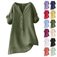 2025亚马逊夏季现货欧美宽松净色衬衣棉麻女装袖子有袖条爆款衬衫