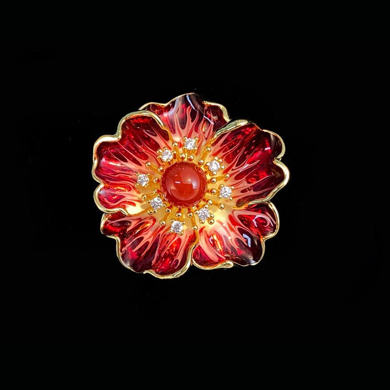 Hochwertiger handgefertigter Retro-Pfingstrosen-Broschenanhänger, Emaille-Blumennadel_voghion.com