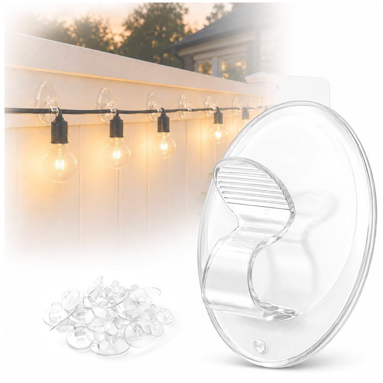 Hook and Clip Outdoor String Lights - 3X Strong Adhesive 40 Pieces Transparent Heavy-Duty Hooks Waterproof Adhesive