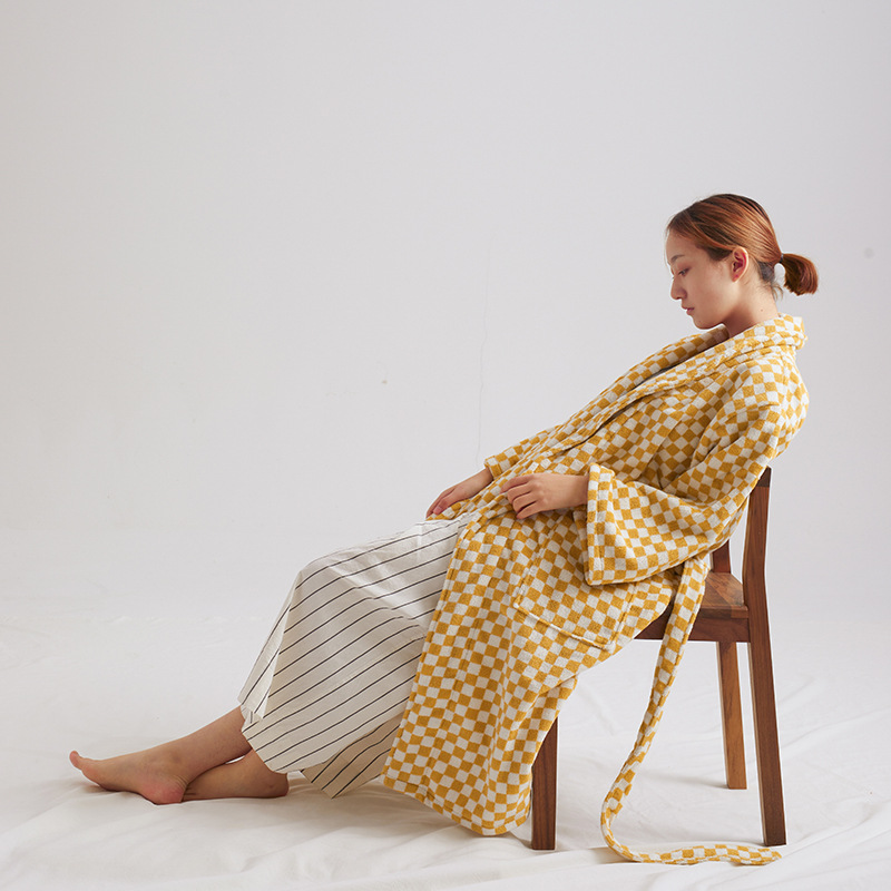 Men and women's retro Qipan plaid 32 count long staple cotton bathrobe vertical striped towel material home clothes_voghion.com