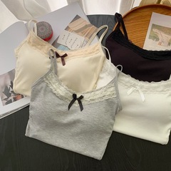 White lace bow-knot camisole with chest padding, a sheer and alluring French-style bottoming top perfect for spring layering or wearing as an outer piece.