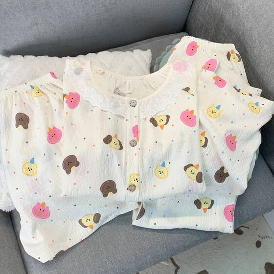 Cloud Cotton Pajamas Three-piece Set Girl's Spring and Summer Lace Crewneck Home Clothes suit Printed New Cute Cartoon
