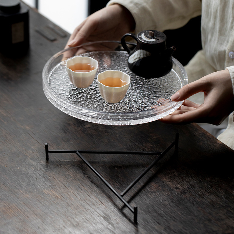 水晶ガラス円形茶盤フロスト透明創意乾燥泡茶台小茶盤壺承茶点盤|undefined