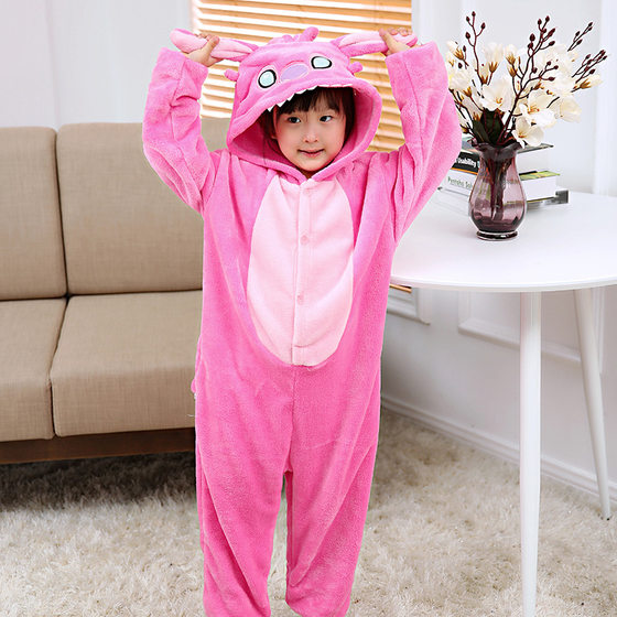 Factory supply flannel cartoon pink Stitch cartoon conjoined animal toilet version pajamas couple's home clothes