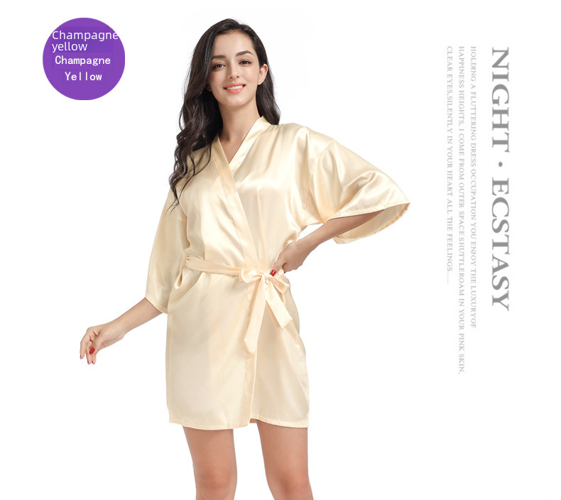 Cross-border Women's Twisted Sade Nightgown Bathrobe Solid Color Glossy Summer Thin Sexy Short Cardigan Gown_voghion.com