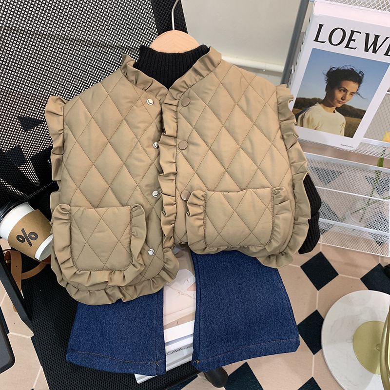 Autumn/Winter Girls' Vest Jacket, Stylish and Trendy Korean Style with Lace Trim, Padded, Thick, Retro Fit