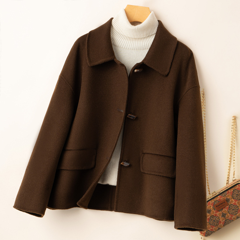 Autumn and Winter New Pure Wool Woolen Outwear Women's Lapel Short Casual Loose Double-Sided Woolen Outwear for Small People
