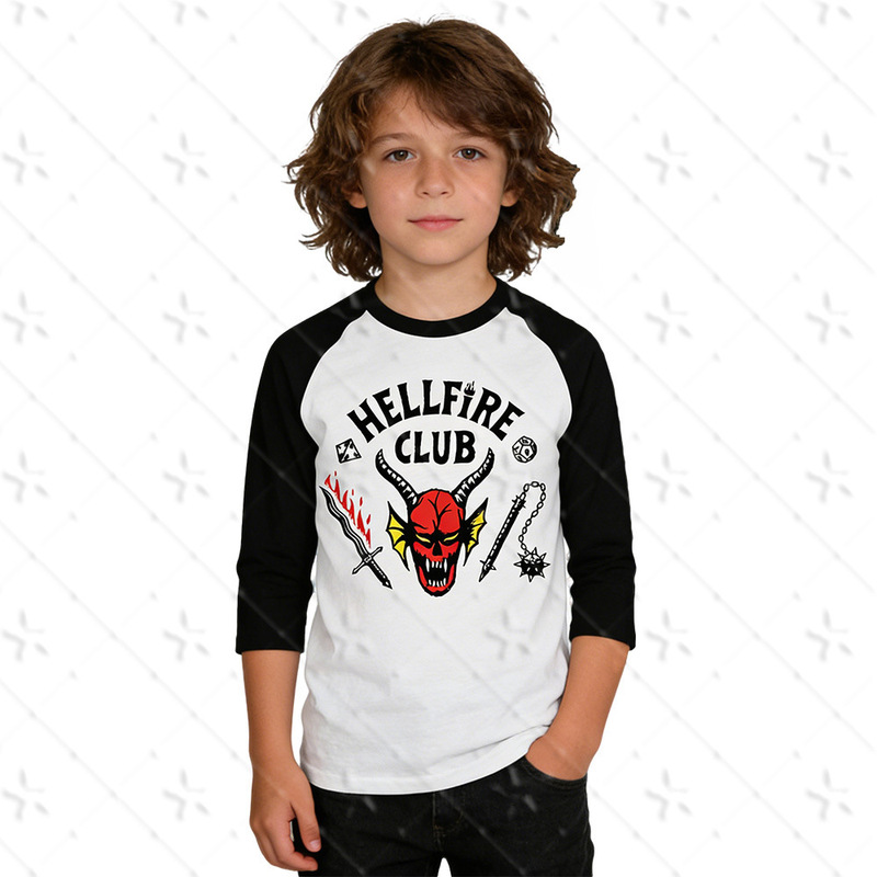 Stranger Things Hellfire Club 7-Point Raglan Sleeve T-Shirt, Cotton-Like Digital Print, Non-Fading, Unisex Stranger Things Hellfire Club 7-Point Raglan Sleeve T-Shirt, Cotton-Like Digital Print, Non-Fading, Unisex