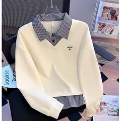 假两件拼接格子polo翻领卫衣女春秋季2025新款设计感宽松无帽上衣