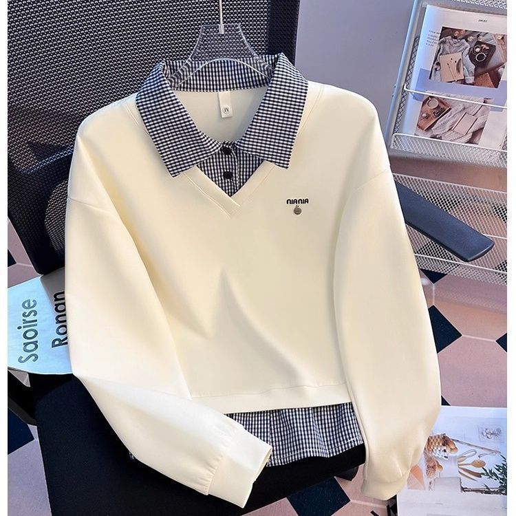 Fake Two-Piece Spliced Plaid Polo Lapel Sweatshirt for Women Spring and Autum 2025 New Design Loose Hooded Top Fake Two-Piece Spliced Plaid Polo Lapel Sweatshirt for Women Spring and Autum 2025 New Design Loose Hooded Top