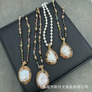 巴洛克珍珠碧玺套装 天然淡水异形珍珠毛衣链 高档手工镶嵌三件套