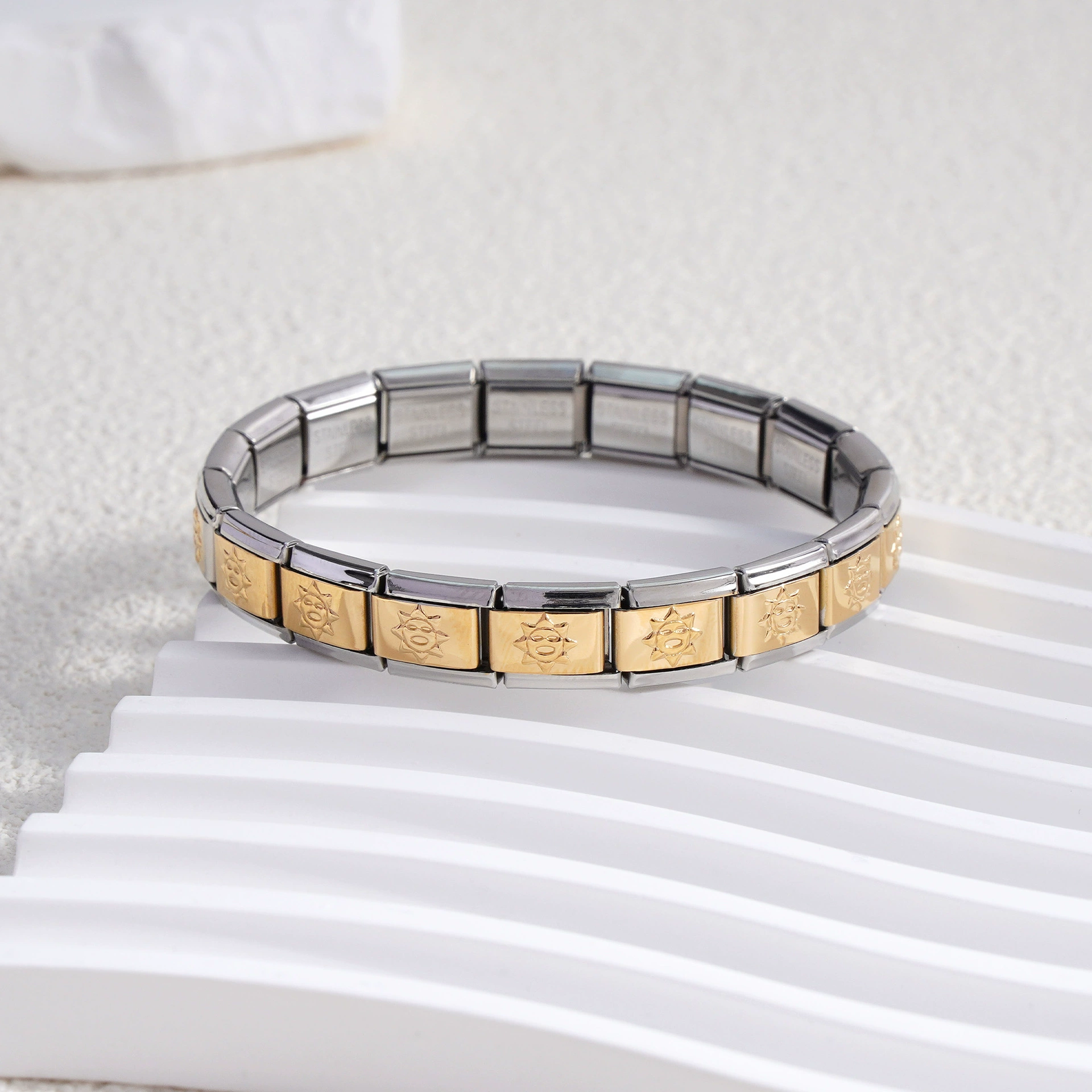 stainless steel bracelet, removable elastic link watch strap, italian european style, assorted charms