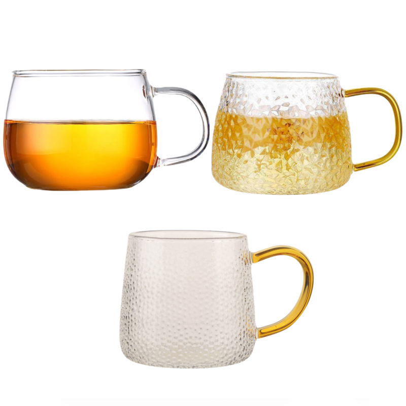 420ml Yellow Hammer Pattern Glass Single Cup with Handle, Round Cup for Tea, Coffee, Juice and Beverage Shaped Glass Cup