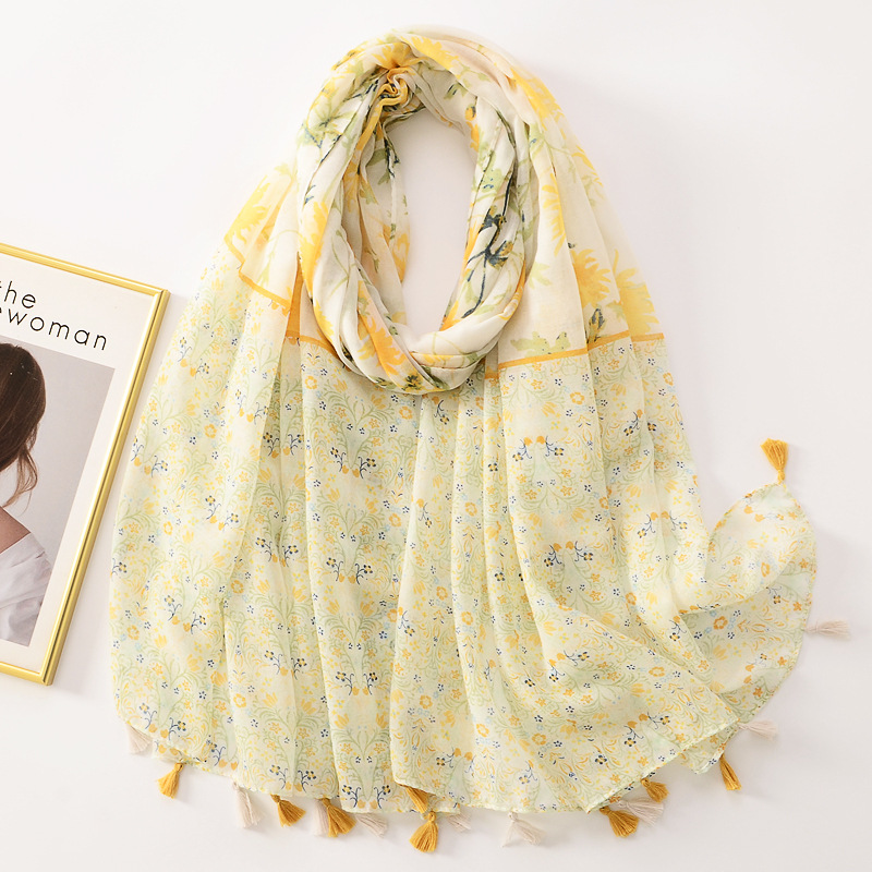 Elegante bufanda impresa flor pequeña amarilla fresca artística fotografía de viaje chal decorativo bufanda de algodón y lino