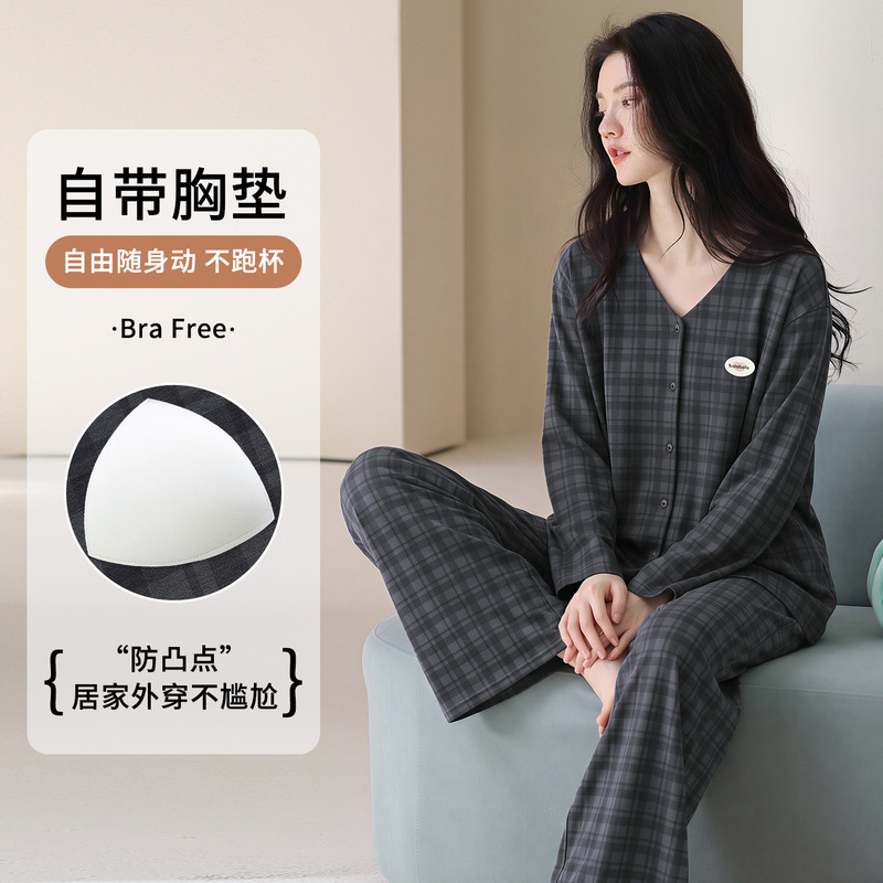 Pure cotton pajamas with chest pads for women, spring and autumn, round neck, cardigan, long sleeves, wide-leg pants, casual, loose, can be worn outside, home wear Pure cotton pajamas with chest pads for women, spring and autumn, round neck, cardigan, long sleeves, wide-leg pants, casual, loose, can be worn outside, home wear