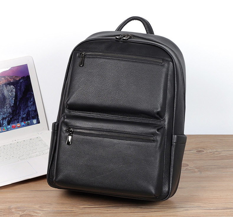 Ba lô da bò lớp đầu cho nam, kiểu dáng tối giản, đa chức năng, ngăn laptop 15 inch — Màu đen chi tiết 5