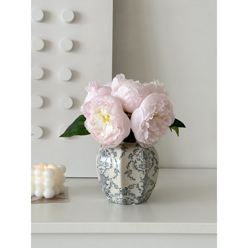 Nuevo jarrón de cerámica azul china nueva decoración de estilo chino sala de estar floral decoración de vestíbulo de estilo antiguo peonía floral
